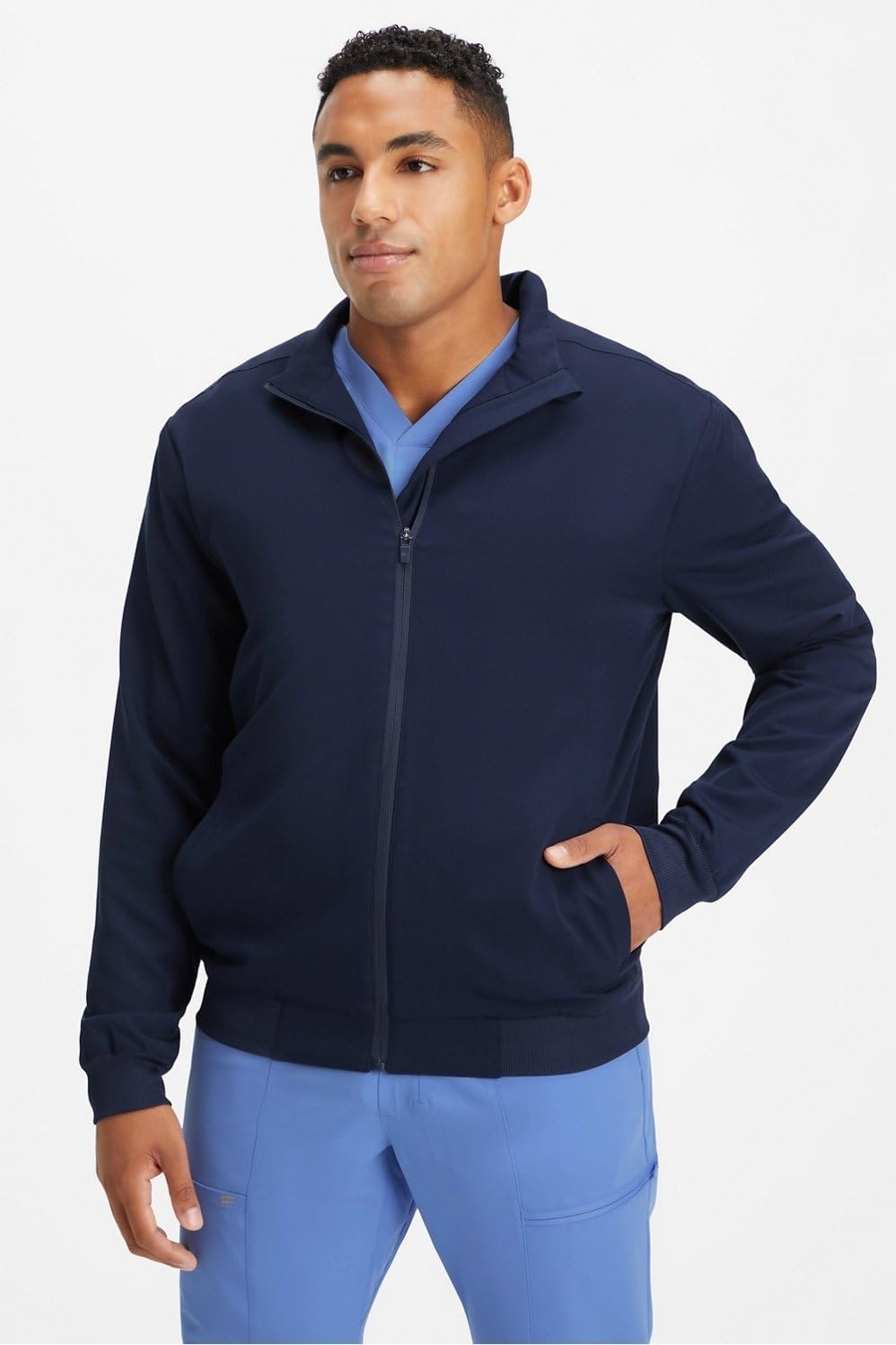 image:imageFabletics Mens Foundation 4Pocket Scrub Jacket MotionTech Lightweight Breathable WrinkleResist SemiSlim FitNavy
