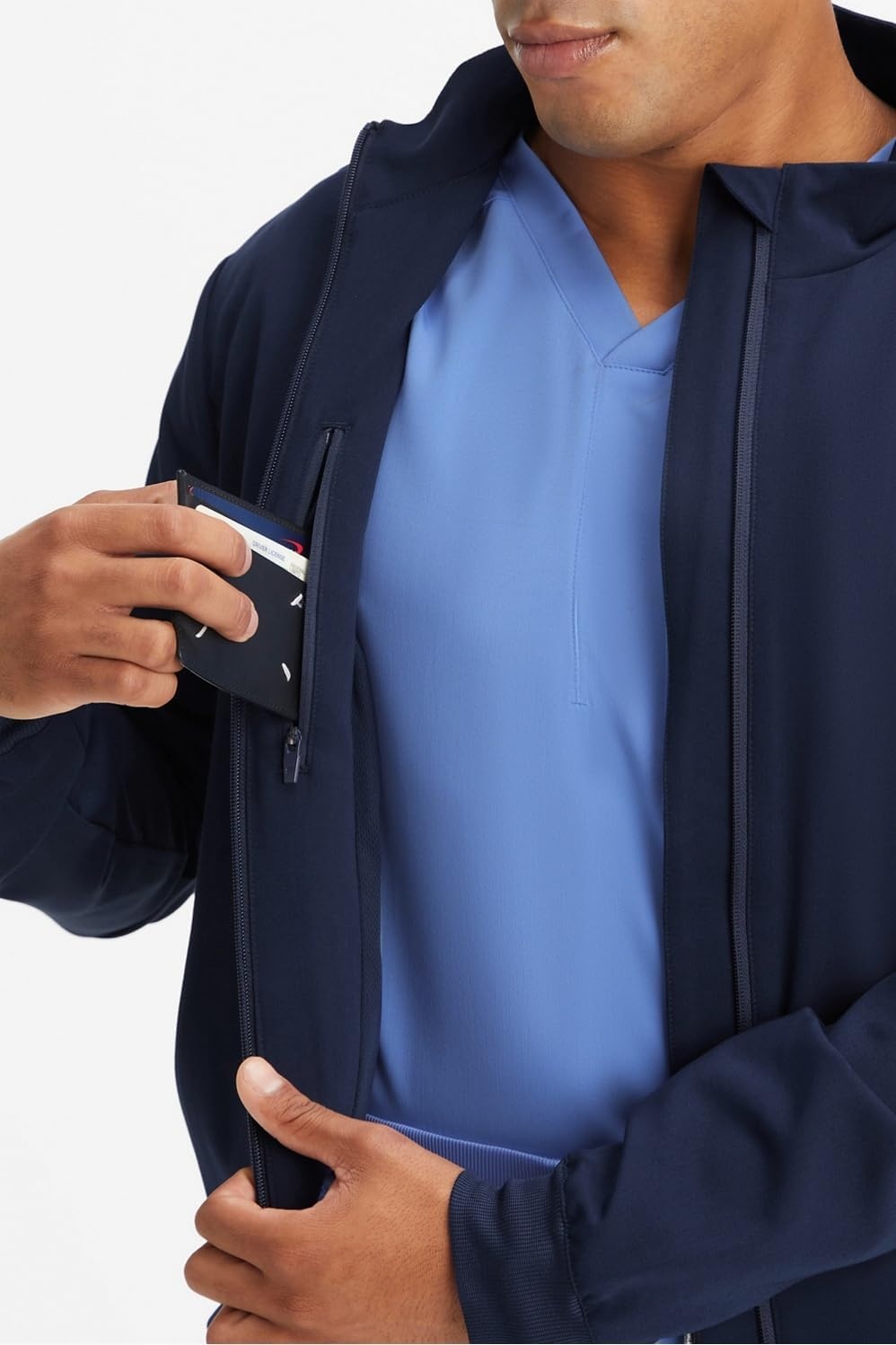 image:imageFabletics Mens Foundation 4Pocket Scrub Jacket MotionTech Lightweight Breathable WrinkleResist SemiSlim FitNavy