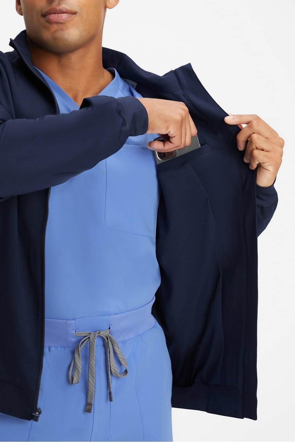 image:imageFabletics Mens Foundation 4Pocket Scrub Jacket MotionTech Lightweight Breathable WrinkleResist SemiSlim FitNavy