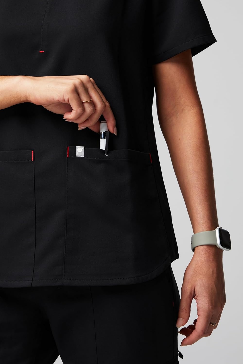 image:imageFabletics Womens Method 2Pocket Scrub Top MotionTech 4Way Stretch WrinkleResist AntiShrinkBlackgoji Red
