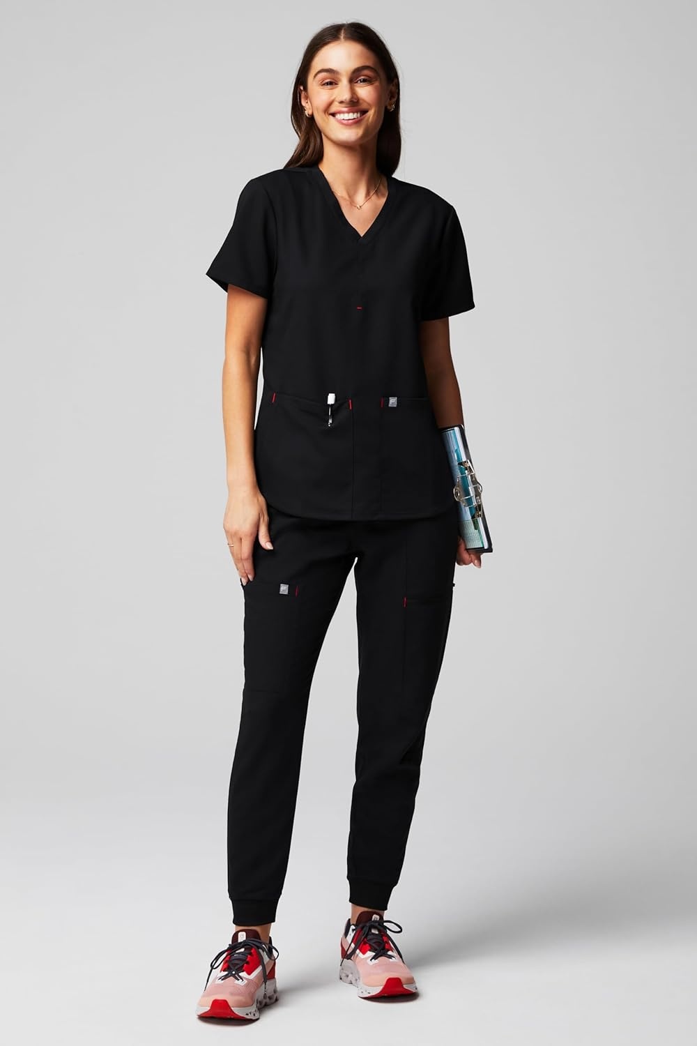 image:imageFabletics Womens Method 2Pocket Scrub Top MotionTech 4Way Stretch WrinkleResist AntiShrinkBlackgoji Red