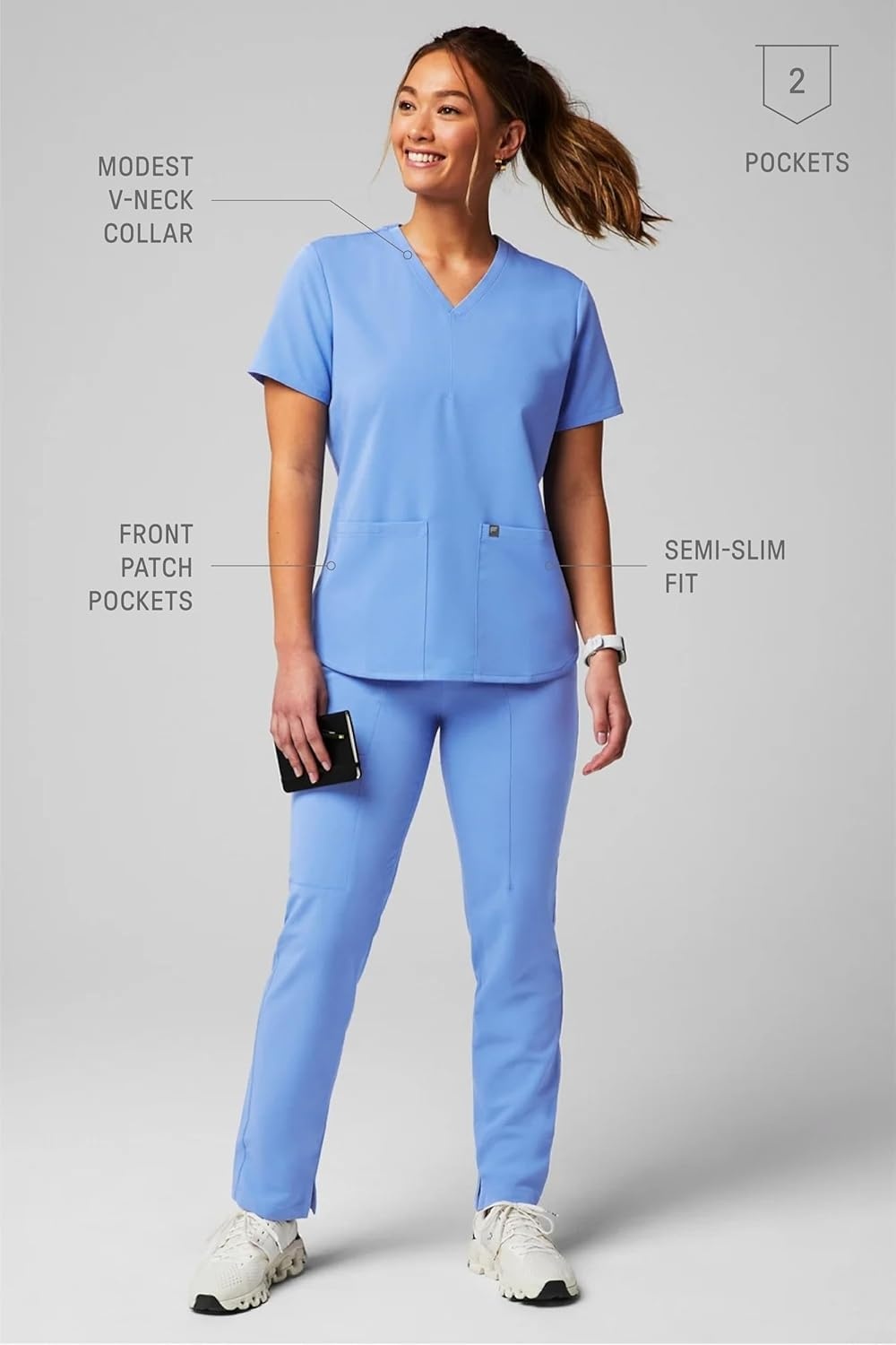 image:imageFabletics Womens Method 2Pocket Scrub Top MotionTech 4Way Stretch WrinkleResist AntiShrinkCeil Blue
