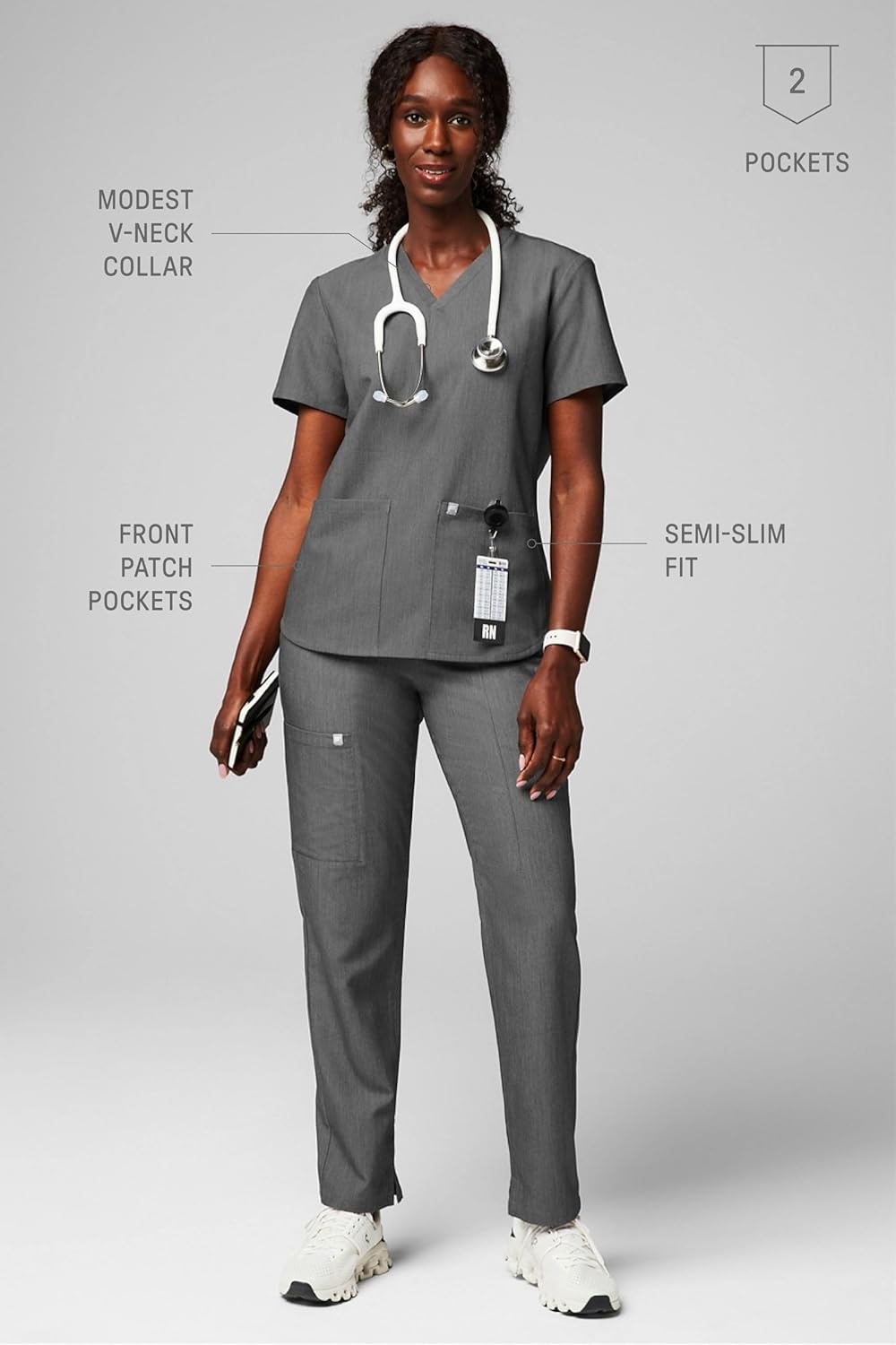 image:imageFabletics Womens Method 2Pocket Scrub Top MotionTech 4Way Stretch WrinkleResist AntiShrinkHeather Grey