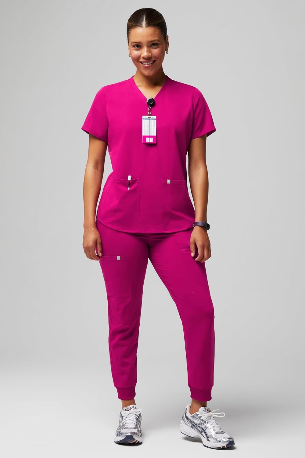 image:imageFabletics Womens Method 2Pocket Scrub Top MotionTech 4Way Stretch WrinkleResist AntiShrinkHibiscus