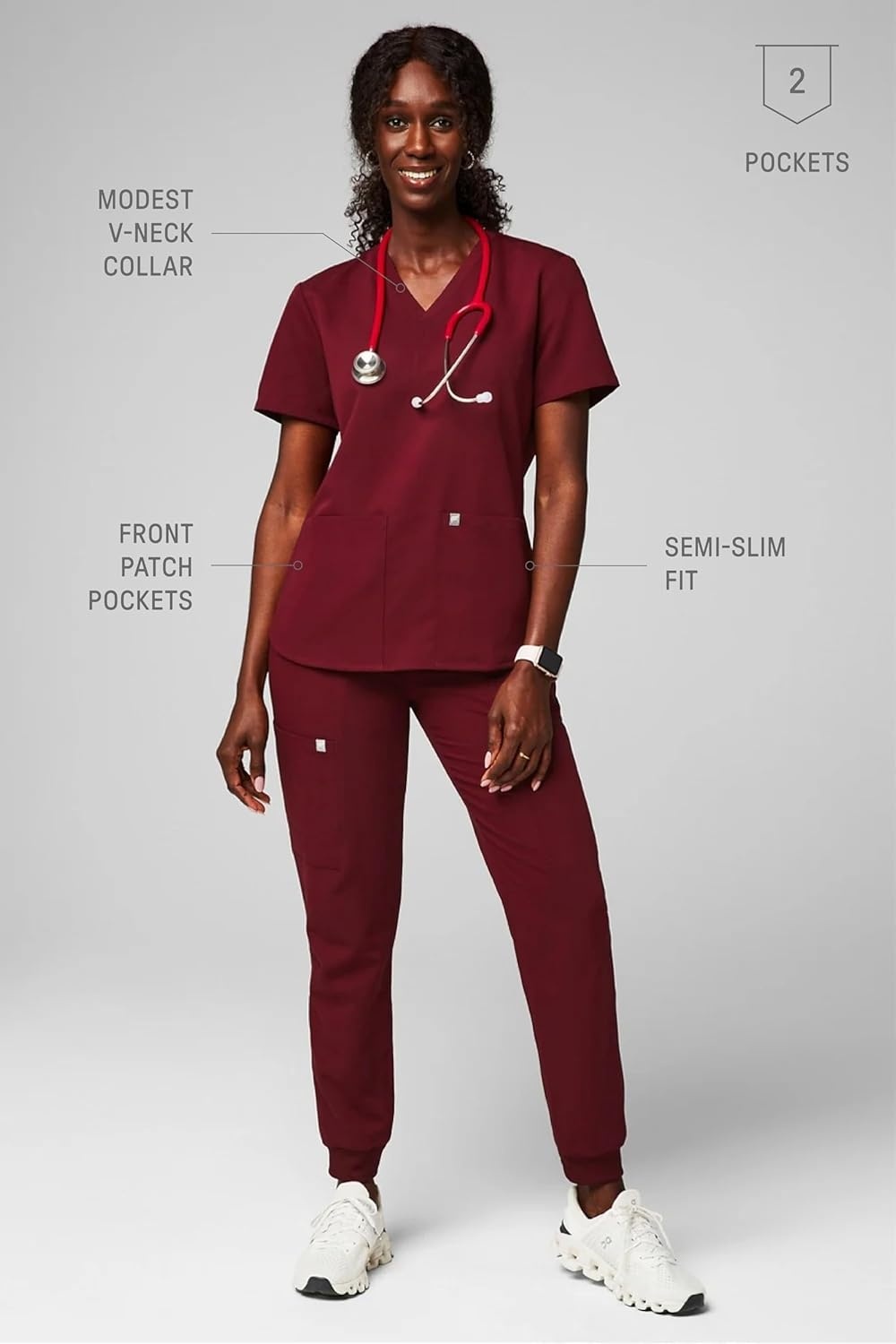 image:imageFabletics Womens Method 2Pocket Scrub Top MotionTech 4Way Stretch WrinkleResist AntiShrinkWine