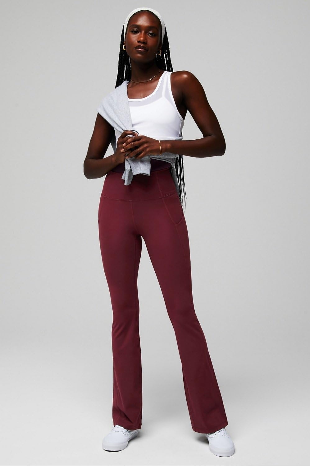 image:imageFabletics Womens Oasis Pureluxe HighWaisted Kick Flare Light Compression Buttery SoftMerlot