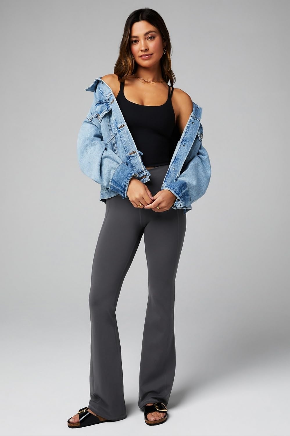 image:imageFabletics Womens Oasis Pureluxe HighWaisted Kick Flare Light Compression Buttery SoftMidnight