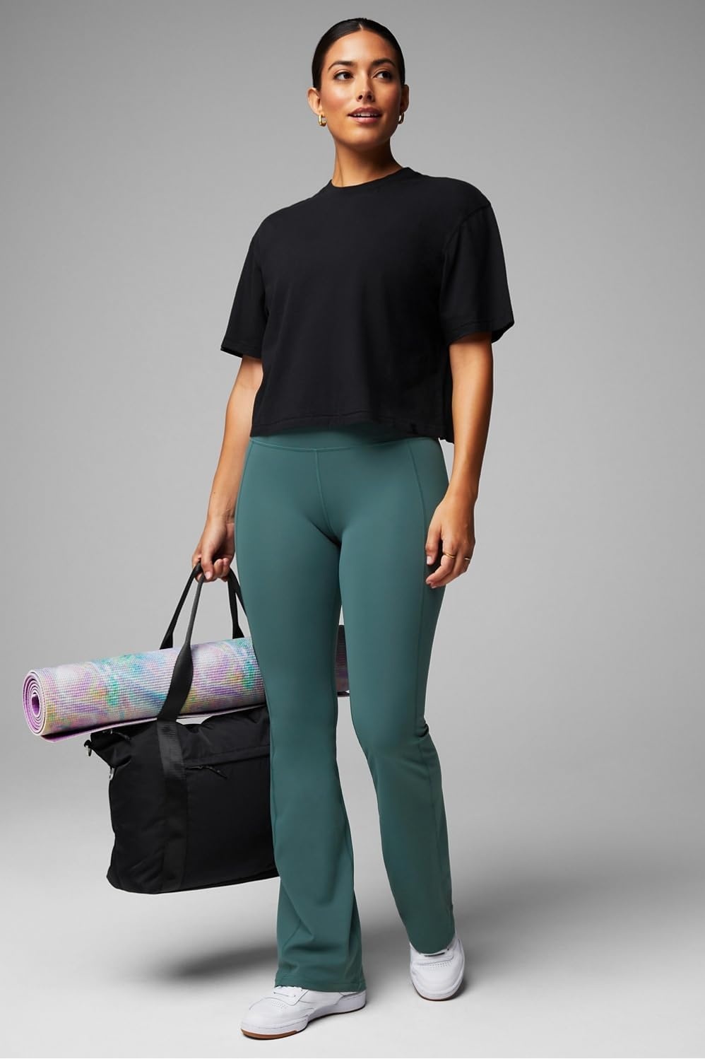image:imageFabletics Womens Oasis Pureluxe HighWaisted Kick Flare Light Compression Buttery SoftStorm Slate