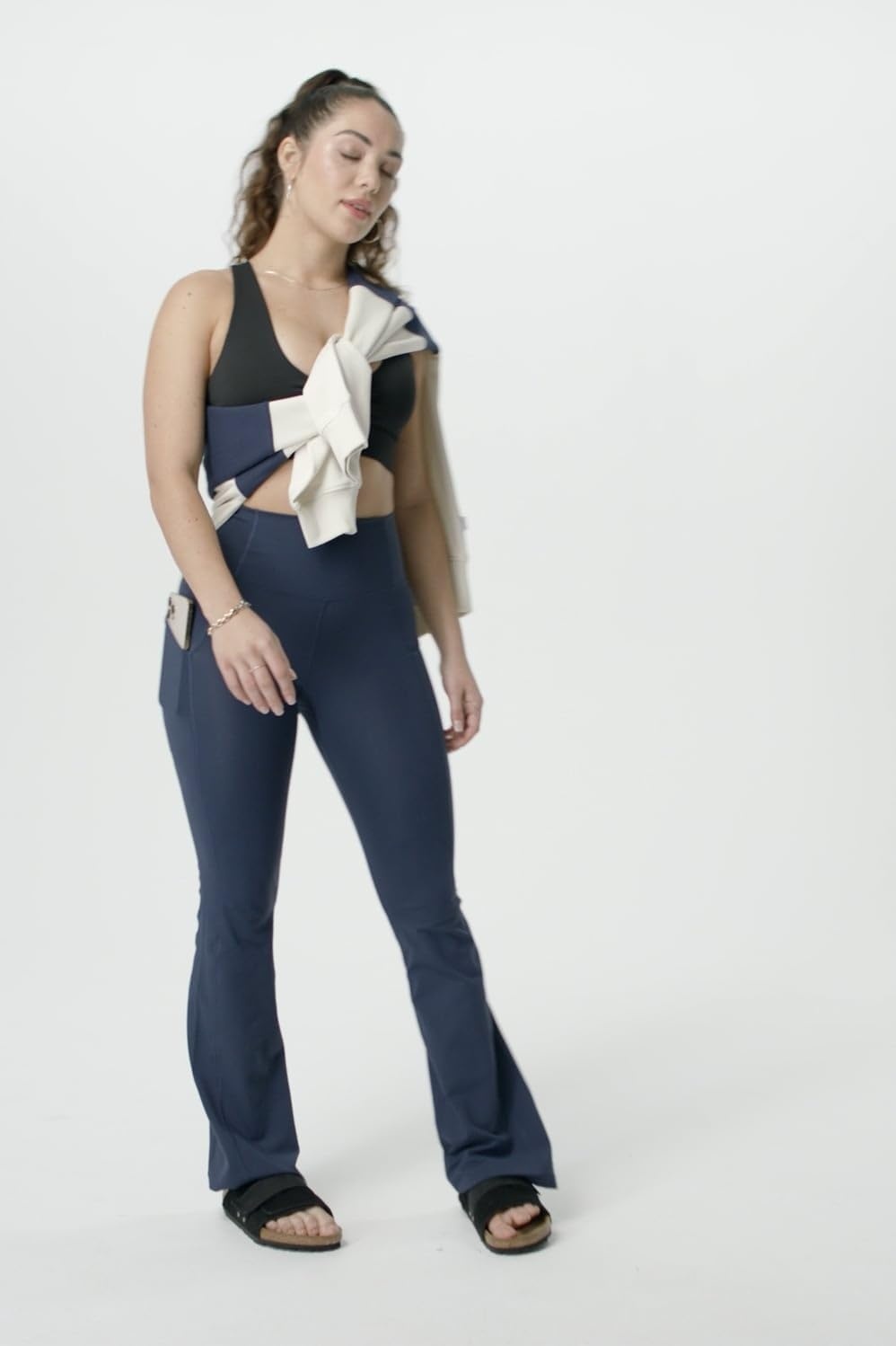 image:imageFabletics Womens Oasis Pureluxe HighWaisted Kick Flare Light Compression Buttery SoftStorm Slate