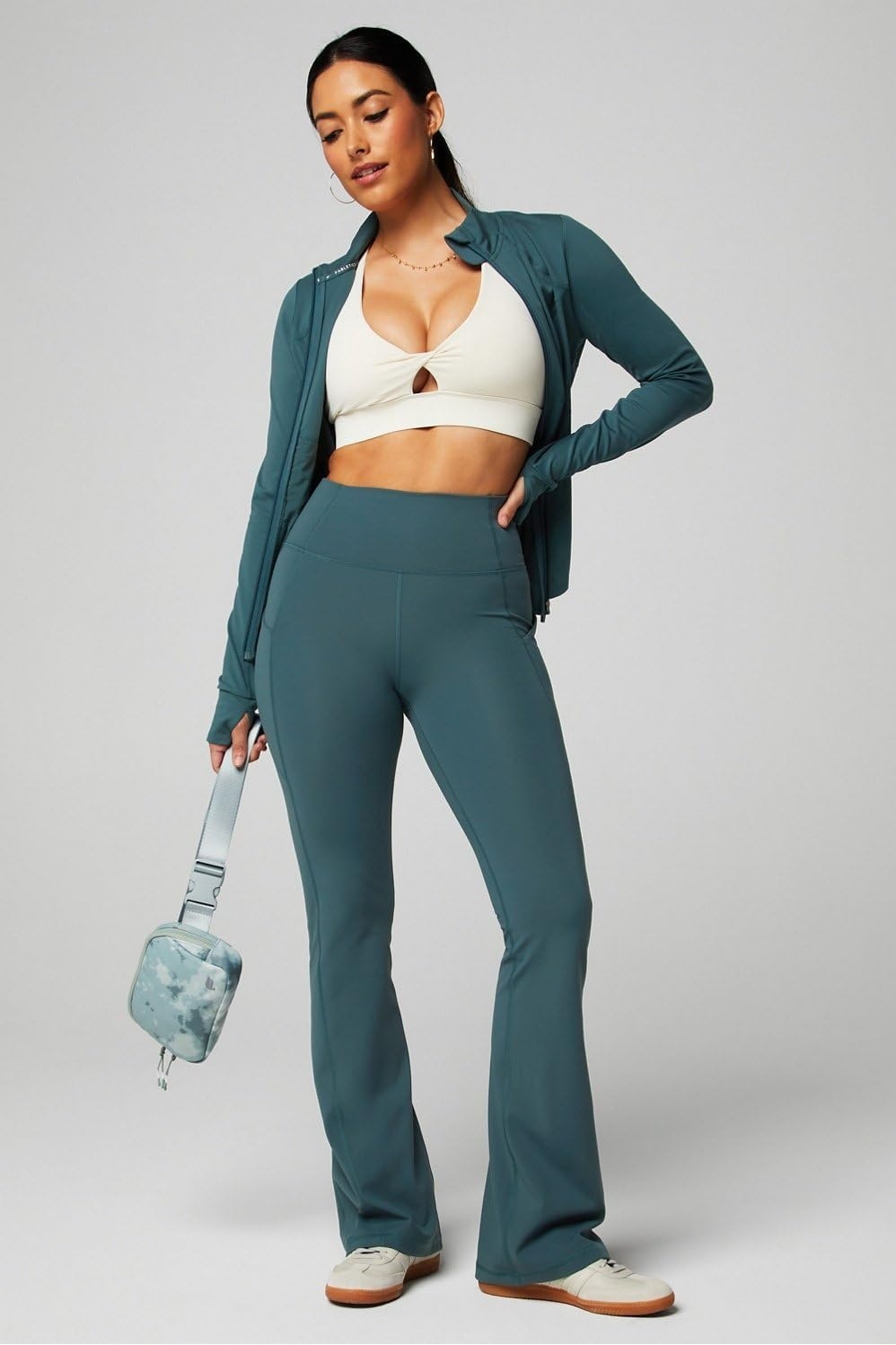 image:imageFabletics Womens Oasis Pureluxe HighWaisted Kick Flare Light Compression Buttery SoftStorm Slate