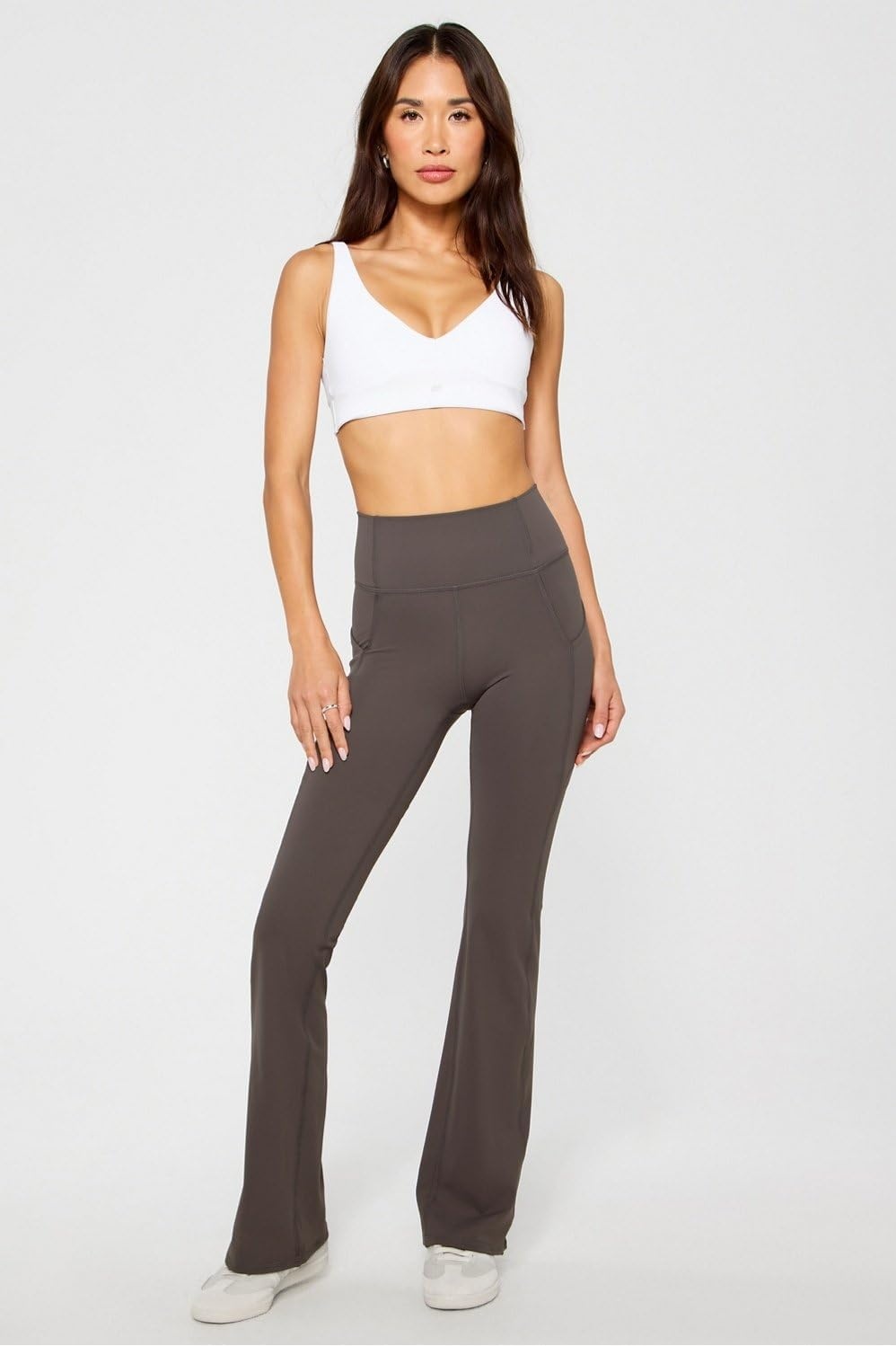 image:imageFabletics Womens Oasis Pureluxe HighWaisted Kick Flare Light Compression Buttery SoftTaupe Slate