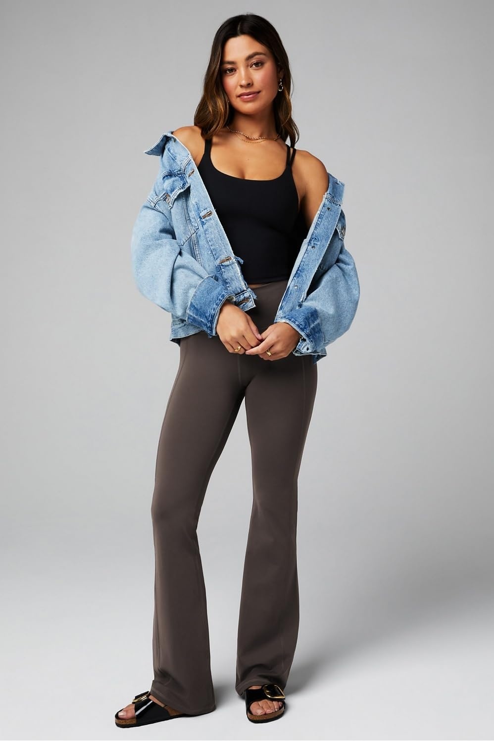 image:imageFabletics Womens Oasis Pureluxe HighWaisted Kick Flare Light Compression Buttery SoftTaupe Slate
