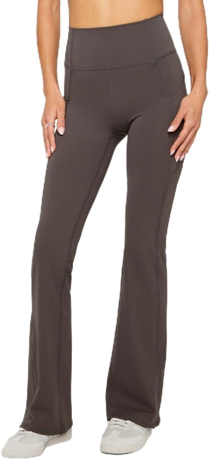image:imageFabletics Womens Oasis Pureluxe HighWaisted Kick Flare Light Compression Buttery SoftTaupe Slate