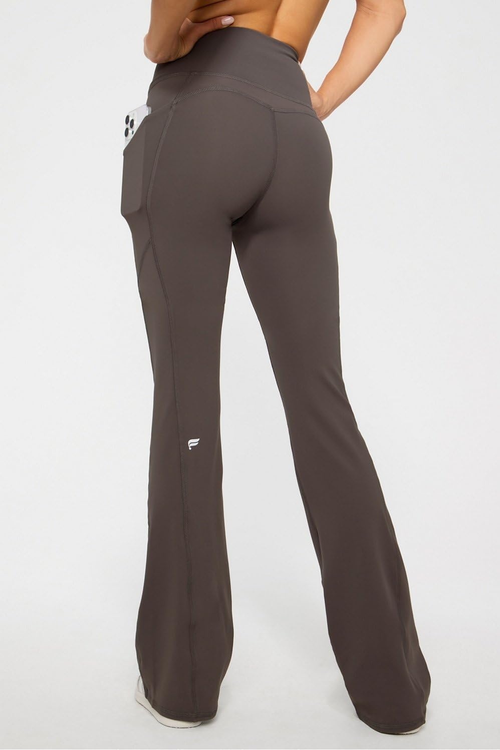 image:imageFabletics Womens Oasis Pureluxe HighWaisted Kick Flare Light Compression Buttery SoftTaupe Slate