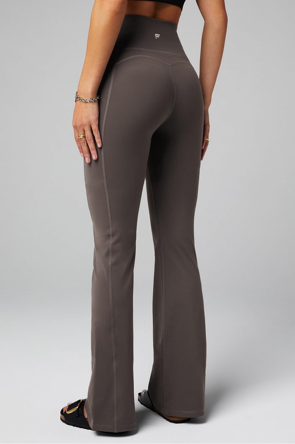 image:imageFabletics Womens Oasis Pureluxe HighWaisted Kick Flare Light Compression Buttery SoftTaupe Slate