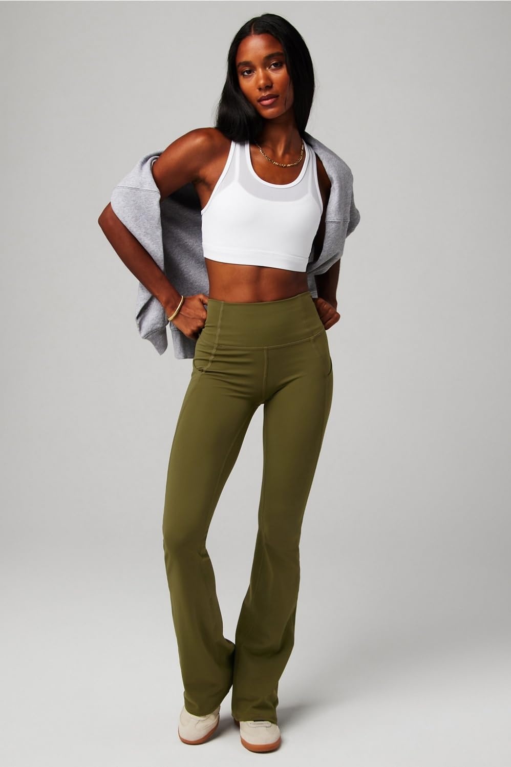 image:imageFabletics Womens Oasis Pureluxe HighWaisted Kick Flare Light Compression Buttery SoftUtility Green