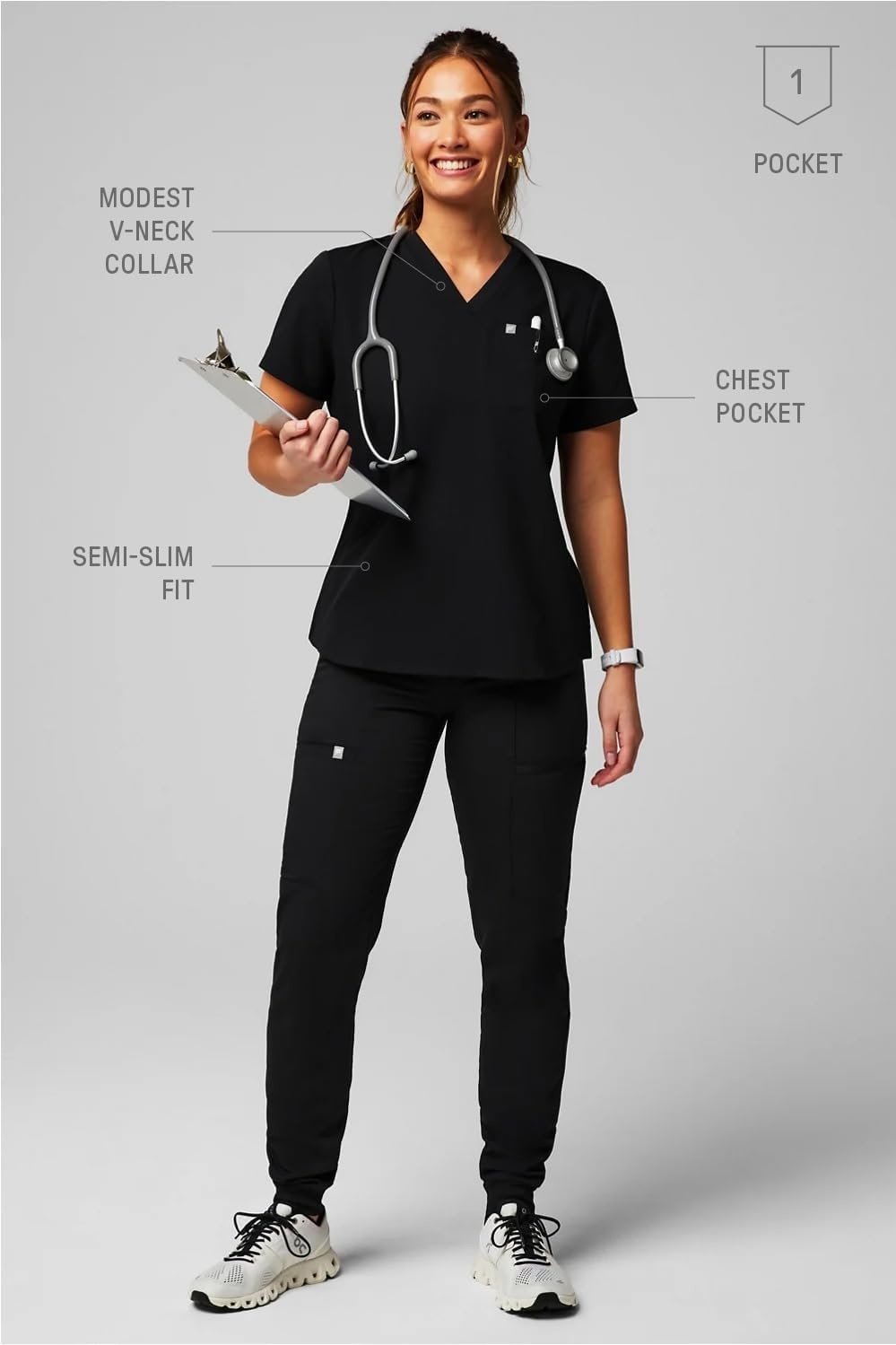 image:imageFabletics Womens Vital 1Pocket Scrub Top MotionTech WrinkleResist Chest Pocket AntiShrink SemiSlim FitBlack