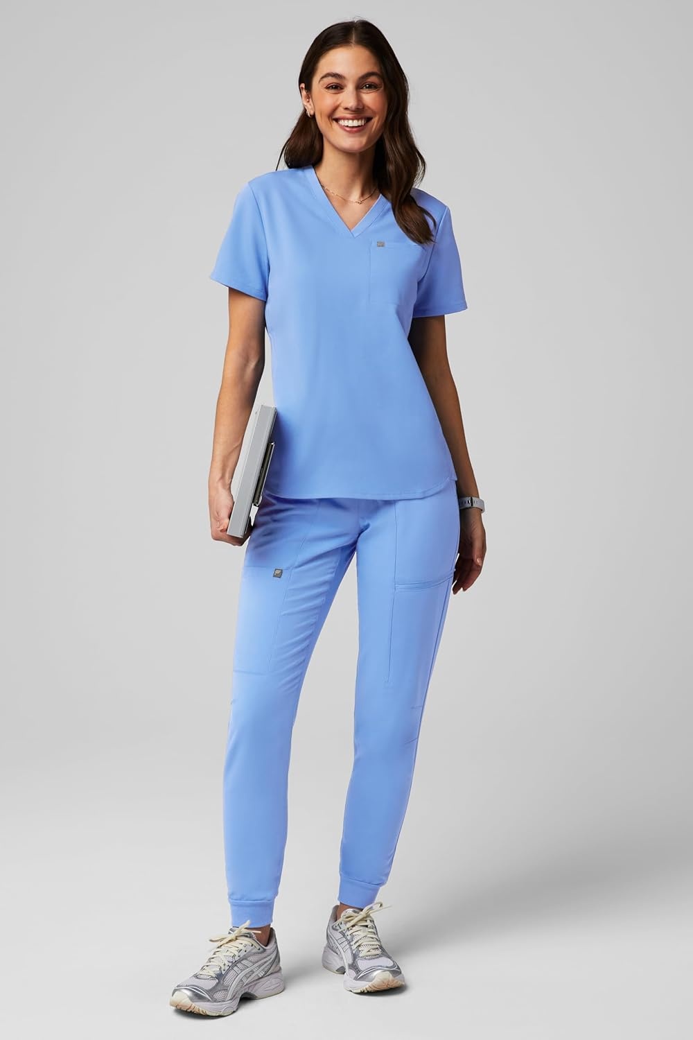 image:imageFabletics Womens Vital 1Pocket Scrub Top MotionTech WrinkleResist Chest Pocket AntiShrink SemiSlim FitCeil Blue