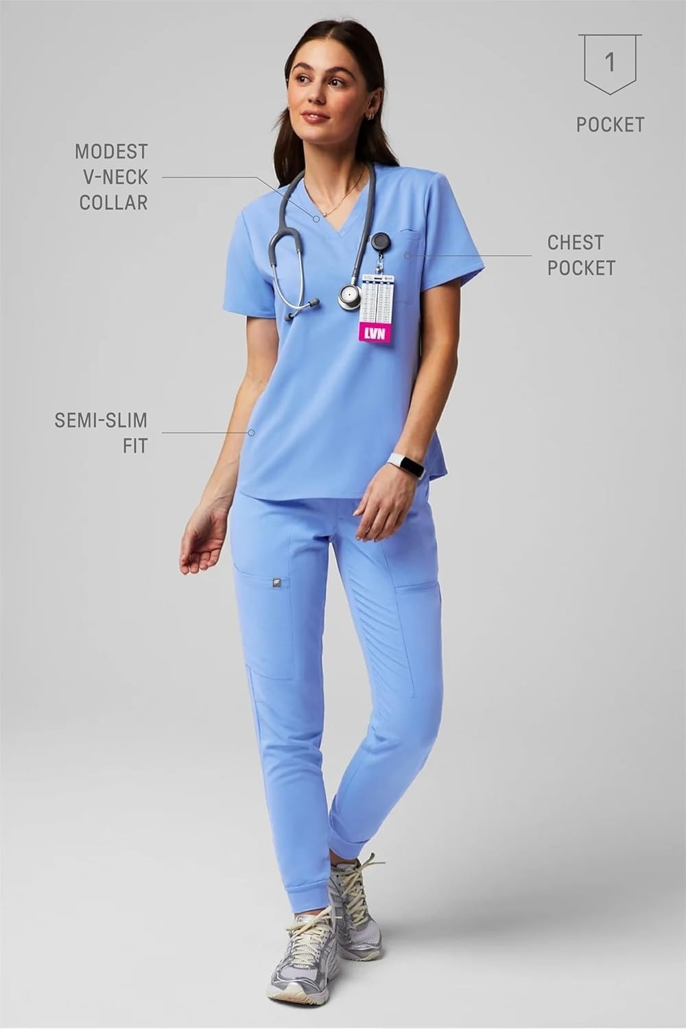 image:imageFabletics Womens Vital 1Pocket Scrub Top MotionTech WrinkleResist Chest Pocket AntiShrink SemiSlim FitCeil Blue