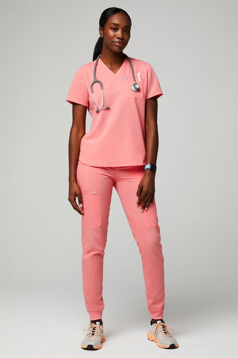 image:imageFabletics Womens Vital 1Pocket Scrub Top MotionTech WrinkleResist Chest Pocket AntiShrink SemiSlim FitCoral