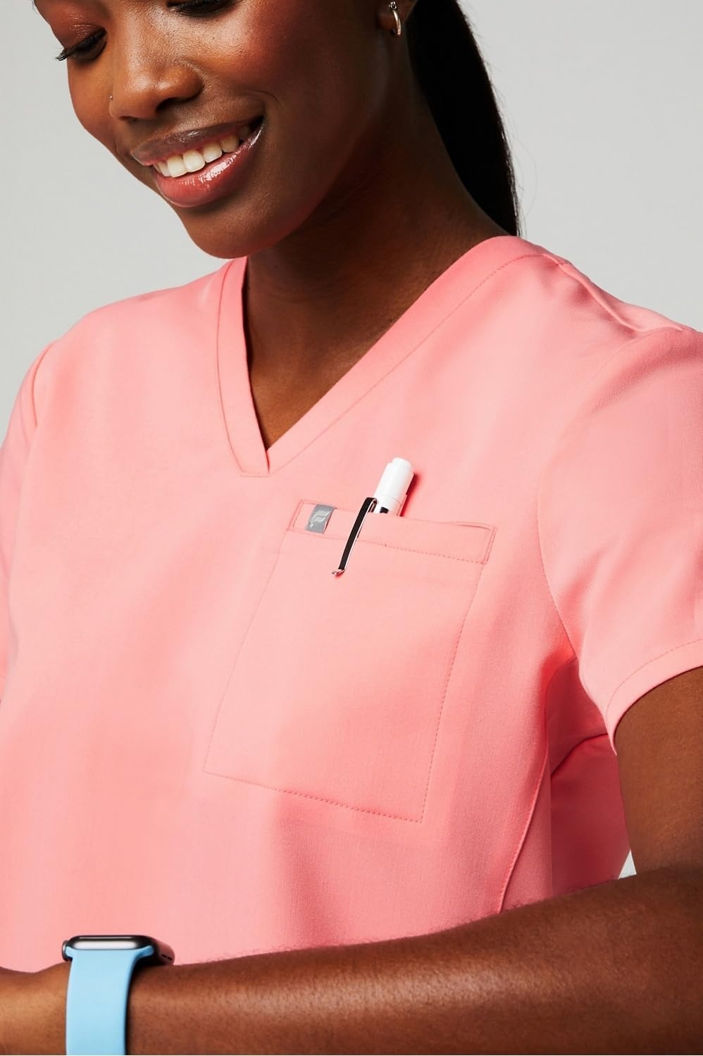 image:imageFabletics Womens Vital 1Pocket Scrub Top MotionTech WrinkleResist Chest Pocket AntiShrink SemiSlim FitCoral