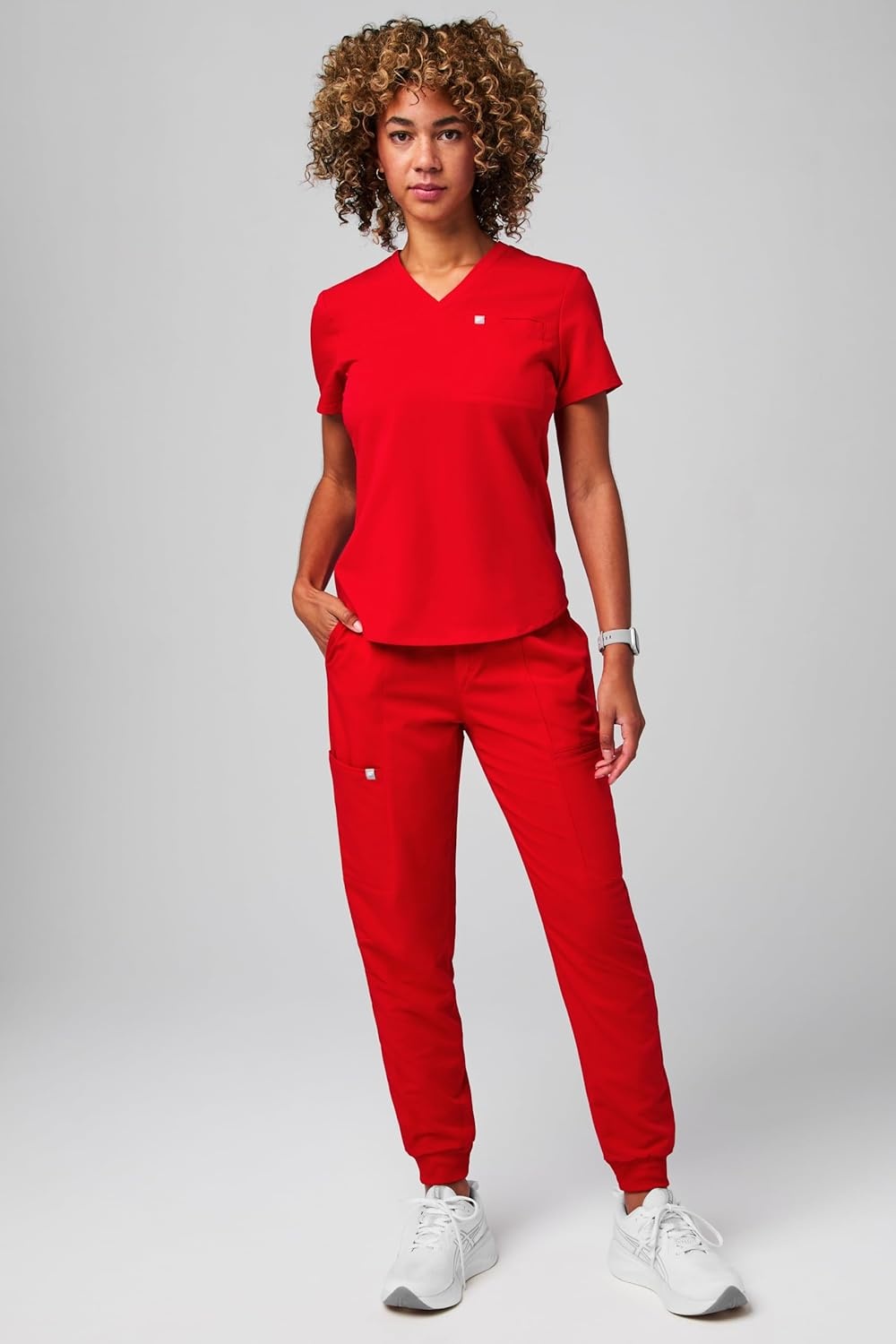 image:imageFabletics Womens Vital 1Pocket Scrub Top MotionTech WrinkleResist Chest Pocket AntiShrink SemiSlim FitGoji Red