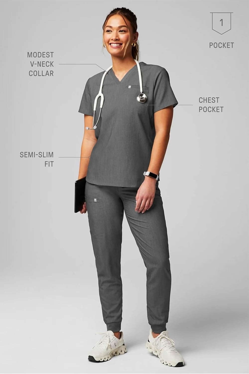image:imageFabletics Womens Vital 1Pocket Scrub Top MotionTech WrinkleResist Chest Pocket AntiShrink SemiSlim FitHeather Grey
