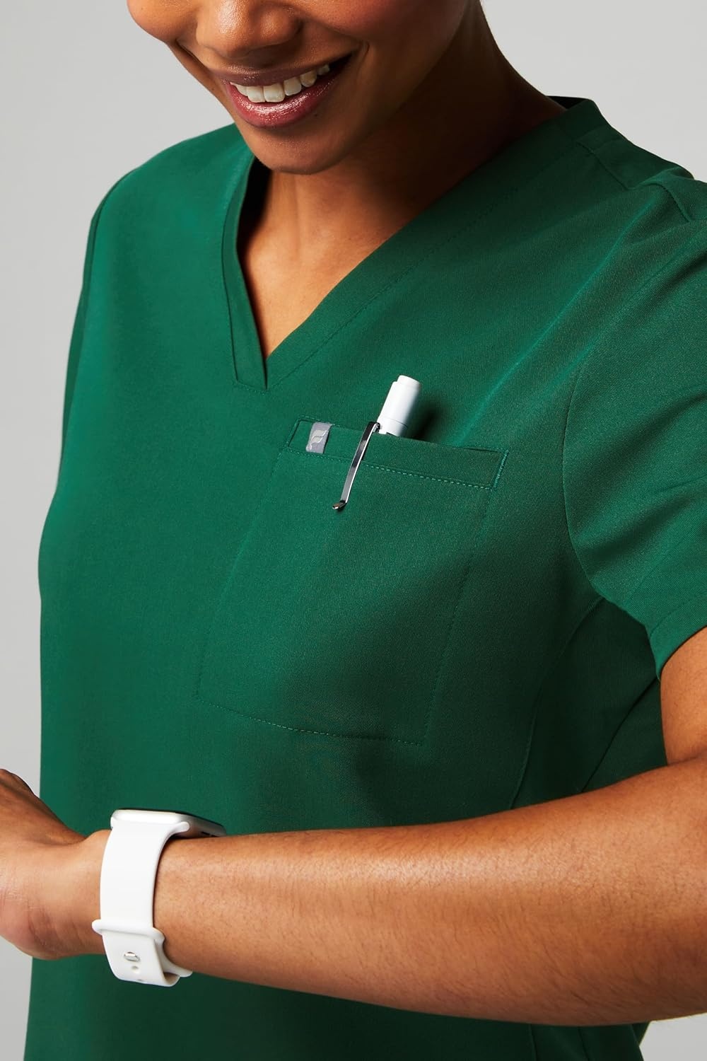 image:imageFabletics Womens Vital 1Pocket Scrub Top MotionTech WrinkleResist Chest Pocket AntiShrink SemiSlim FitHunter Green