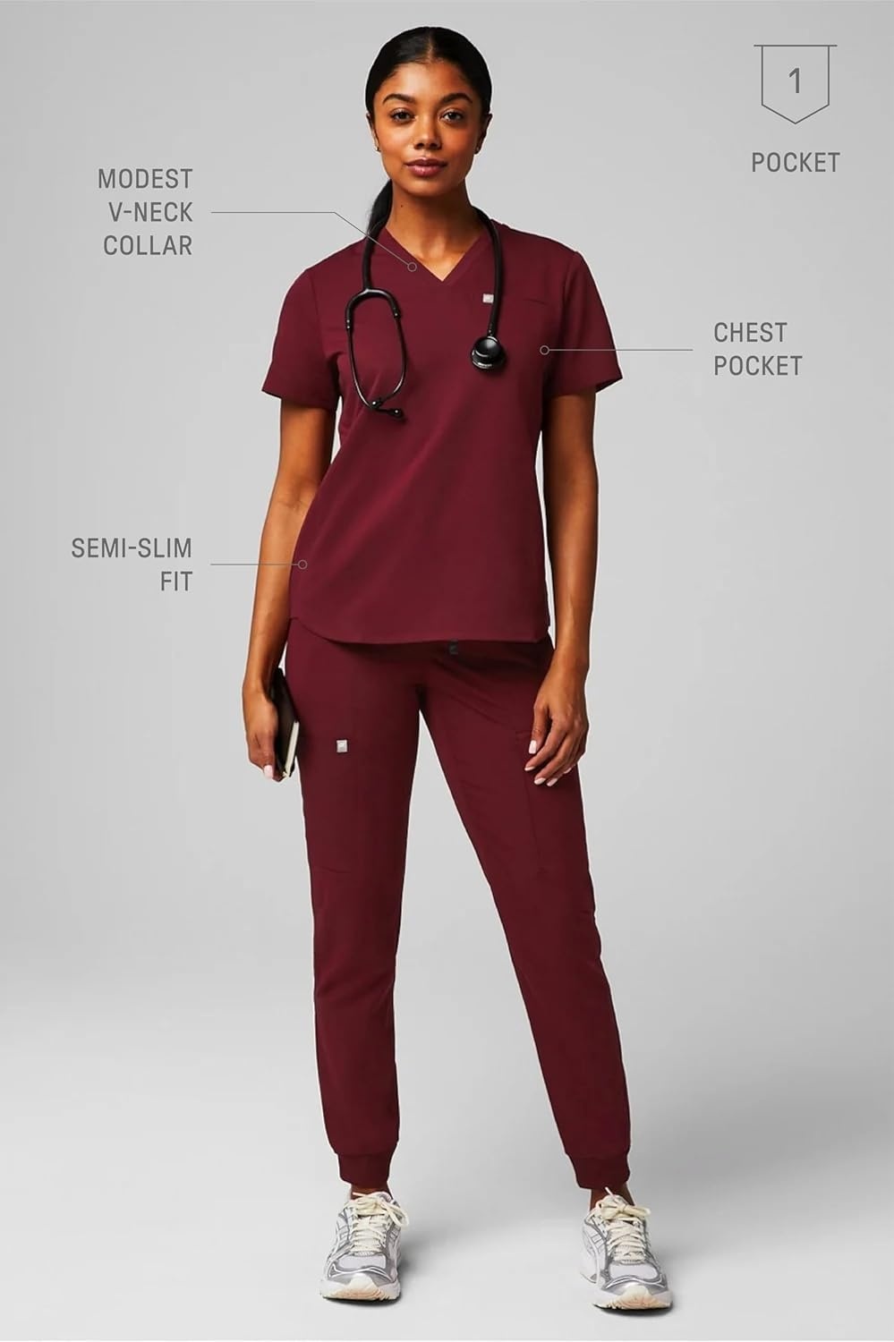 image:imageFabletics Womens Vital 1Pocket Scrub Top MotionTech WrinkleResist Chest Pocket AntiShrink SemiSlim FitWine