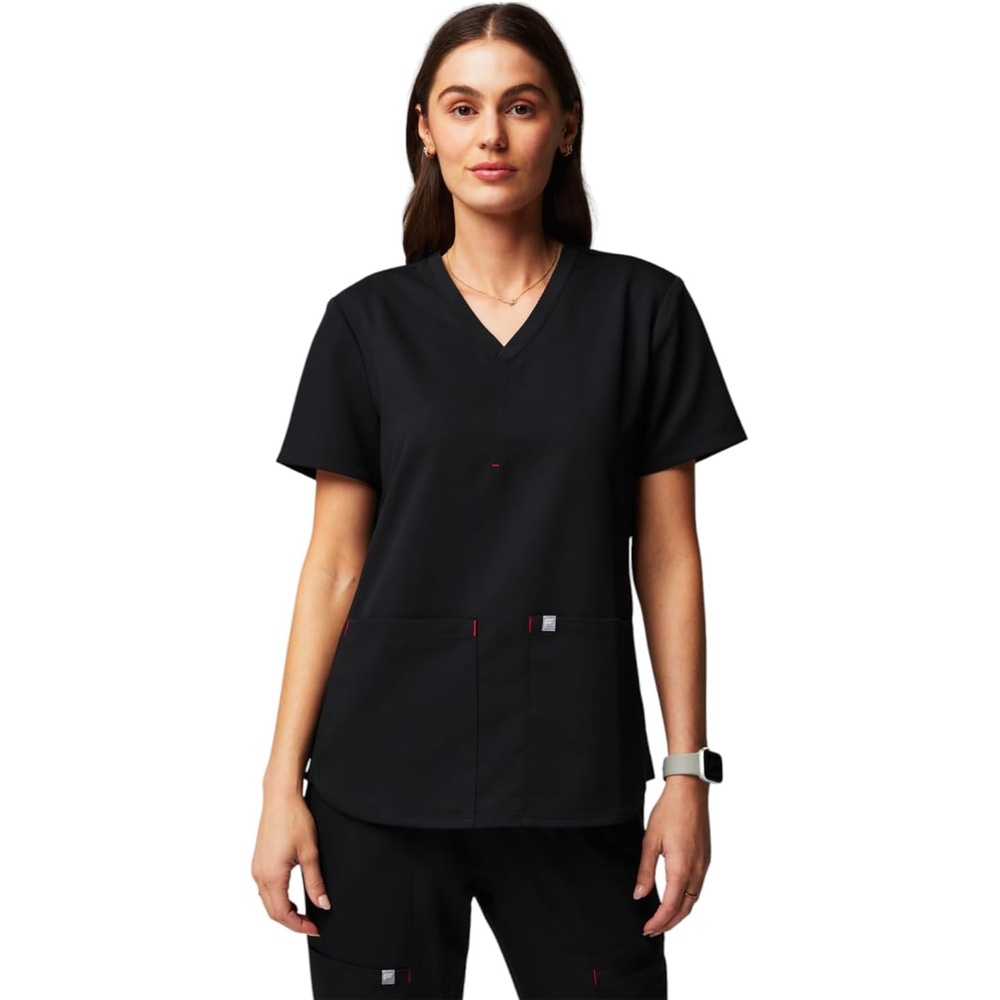 image:imageFabletics Womens Method 2Pocket Scrub Top MotionTech 4Way Stretch WrinkleResist AntiShrinkBlackgoji Red