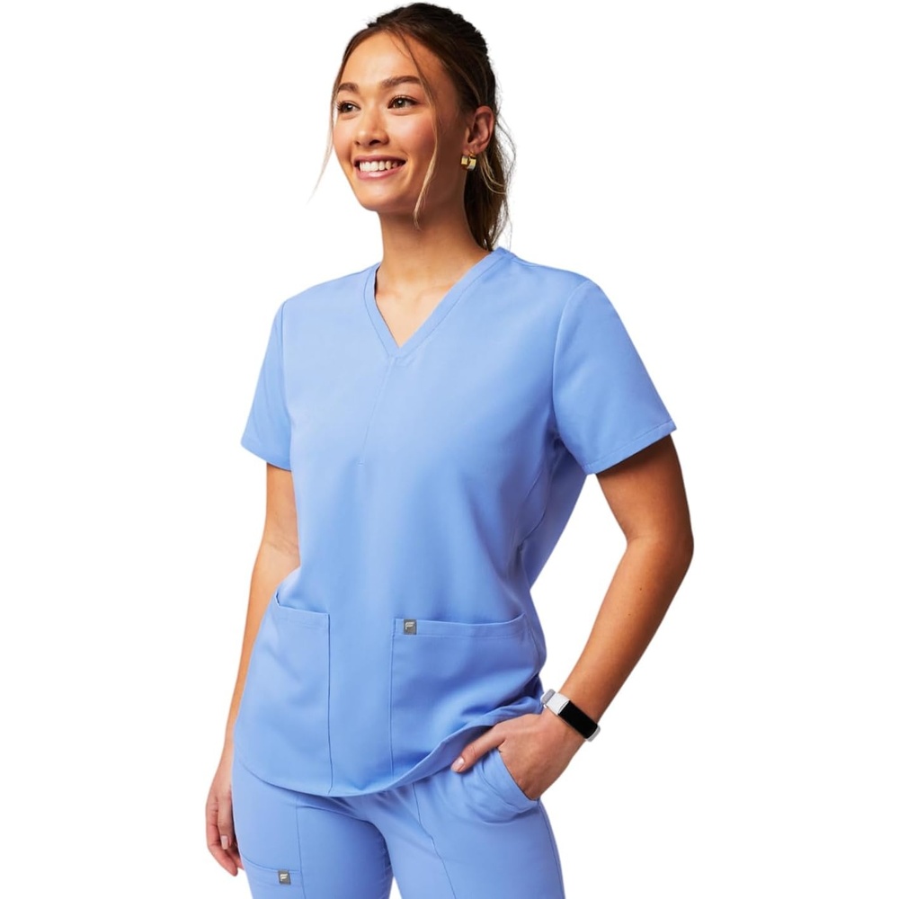 image:imageFabletics Womens Method 2Pocket Scrub Top MotionTech 4Way Stretch WrinkleResist AntiShrinkCeil Blue