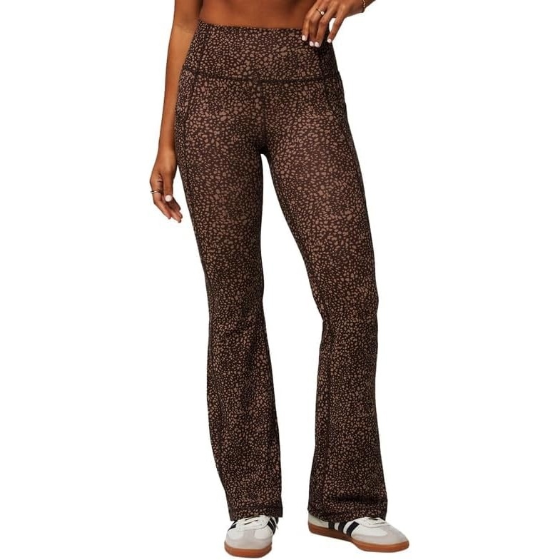image:imageFabletics Womens Oasis Pureluxe HighWaisted Kick Flare Light Compression Buttery SoftCacao Spotted Animal