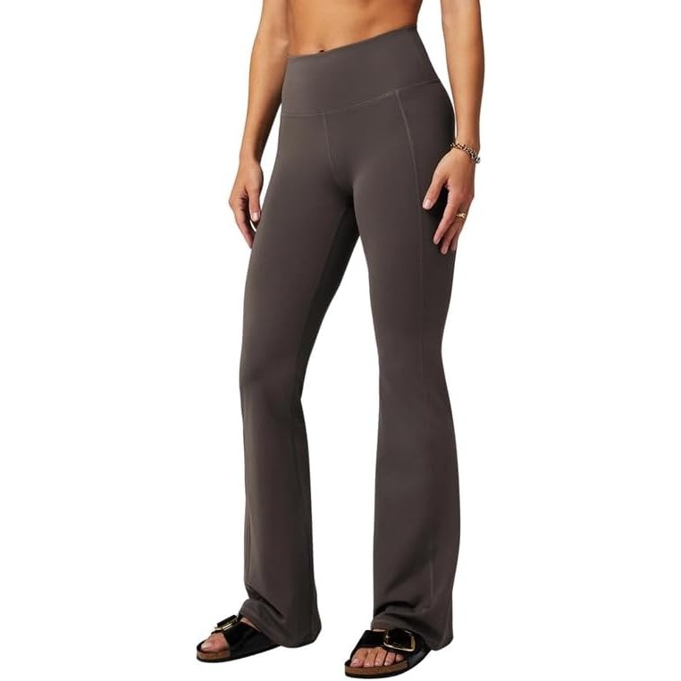 image:imageFabletics Womens Oasis Pureluxe HighWaisted Kick Flare Light Compression Buttery SoftTaupe Slate