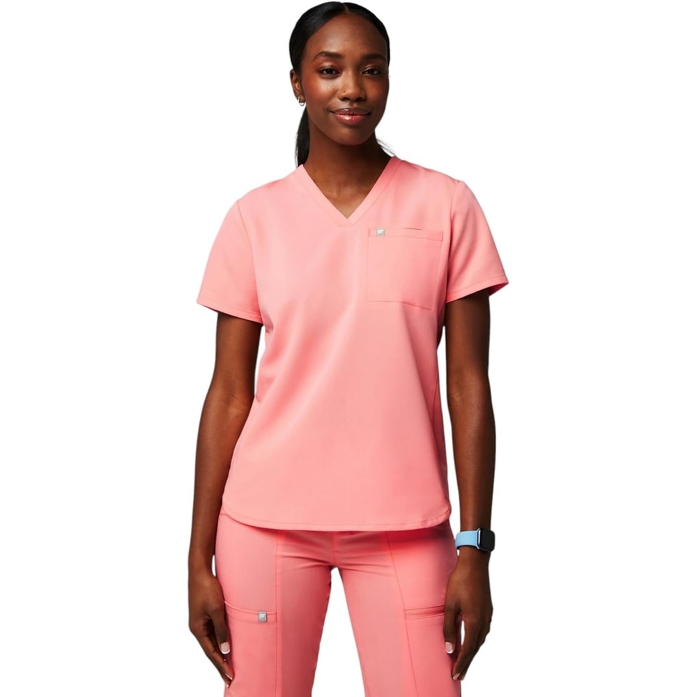 image:imageFabletics Womens Vital 1Pocket Scrub Top MotionTech WrinkleResist Chest Pocket AntiShrink SemiSlim FitCoral