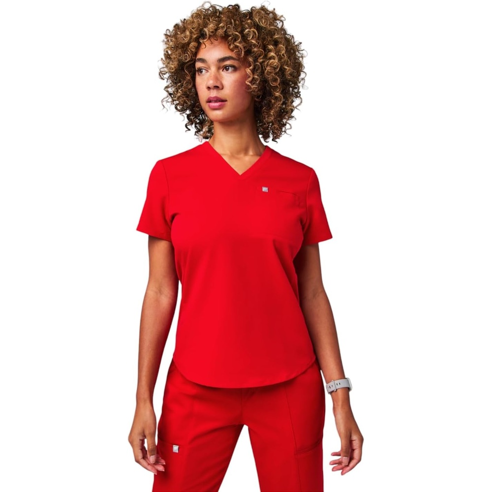 image:imageFabletics Womens Vital 1Pocket Scrub Top MotionTech WrinkleResist Chest Pocket AntiShrink SemiSlim FitGoji Red