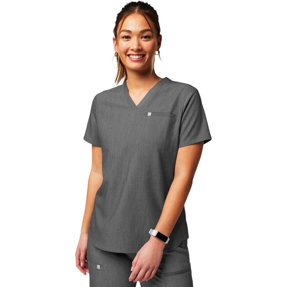 image:imageFabletics Womens Vital 1Pocket Scrub Top MotionTech WrinkleResist Chest Pocket AntiShrink SemiSlim FitHeather Grey