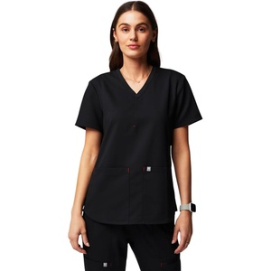 Fabletics Women’s Method 2-Pocket Scrub Top – MotionTech, 4-Way Stretch, Wrinkle-Resist, Anti-Shrink(Black-goji Red)