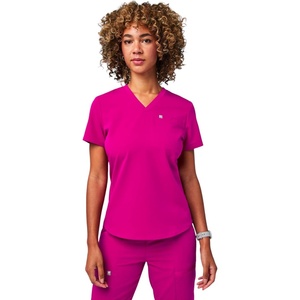 Fabletics Women’s Vital 1-Pocket Scrub Top – MotionTech, Wrinkle-Resist, Chest Pocket, Anti-Shrink, Semi-Slim Fit(Hibiscus)