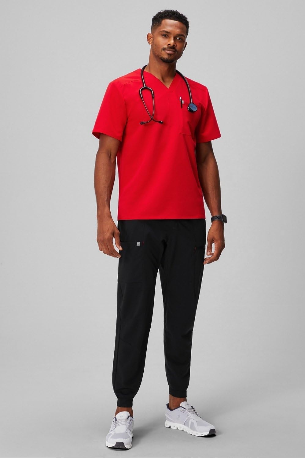image:imageFabletics Mens Helix 1Pocket Scrub Top MotionTech WrinkleResist Chest Pocket AntiShrink SemiSlim FitGoji Red