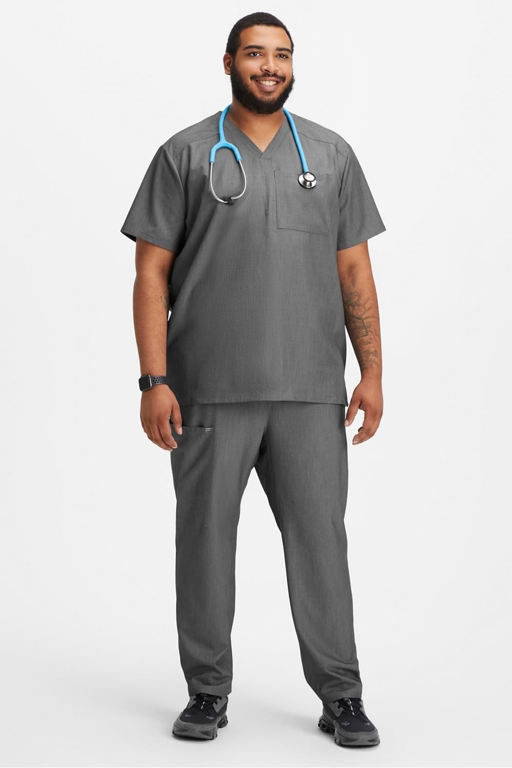 image:imageFabletics Mens Helix 1Pocket Scrub Top MotionTech WrinkleResist Chest Pocket AntiShrink SemiSlim FitHeather Grey