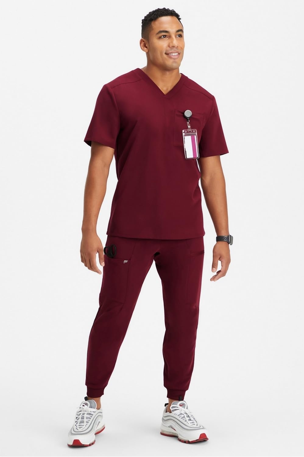 image:imageFabletics Mens Helix 1Pocket Scrub Top MotionTech WrinkleResist Chest Pocket AntiShrink SemiSlim FitWine