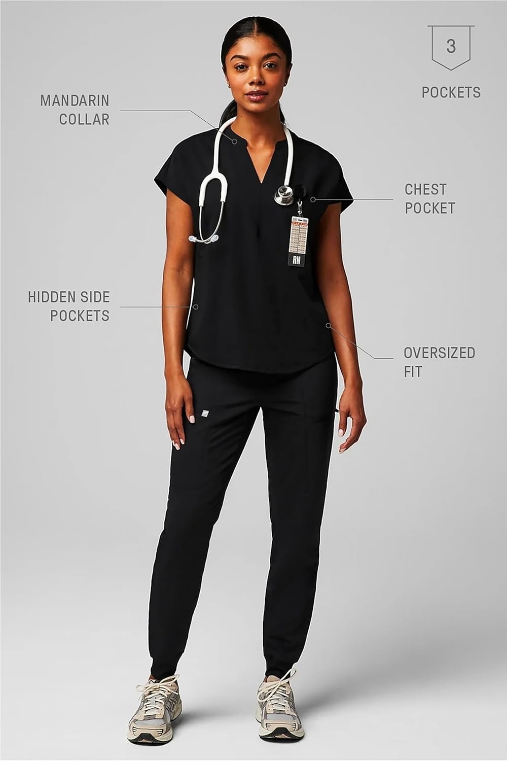 image:imageFabletics Womens Evolve 3Pocket Scrub Top with an Oversized Fit MotionTech 4Way Stretch WrinkleResist AntiShrinkBlack