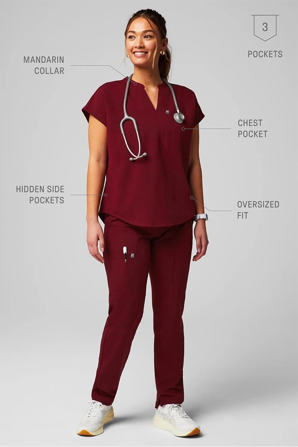 image:imageFabletics Womens Evolve 3Pocket Scrub Top with an Oversized Fit MotionTech 4Way Stretch WrinkleResist AntiShrinkWine
