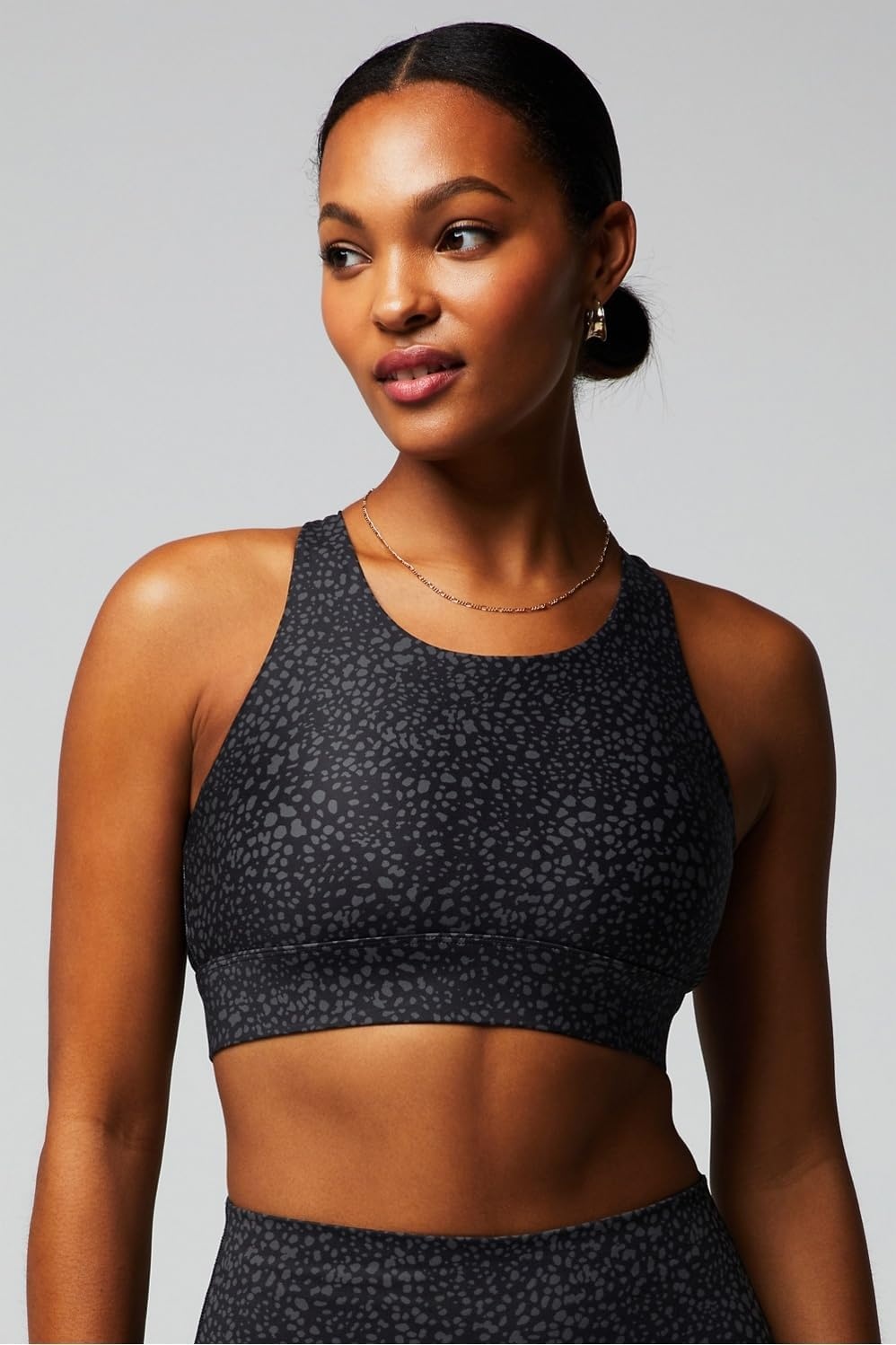 image:imageFabletics Womens NoBounce Sports Bra Workout Yoga Athletic Fitness Gym UPF Protection 4Way StretchBlack Spotted Animal