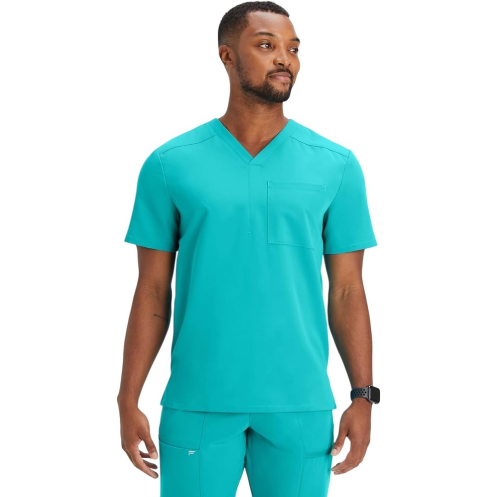 image:imageFabletics Mens Helix 1Pocket Scrub Top  MotionTech WrinkleResist Chest Pocket AntiShrink SemiSlim FitElectric Teal
