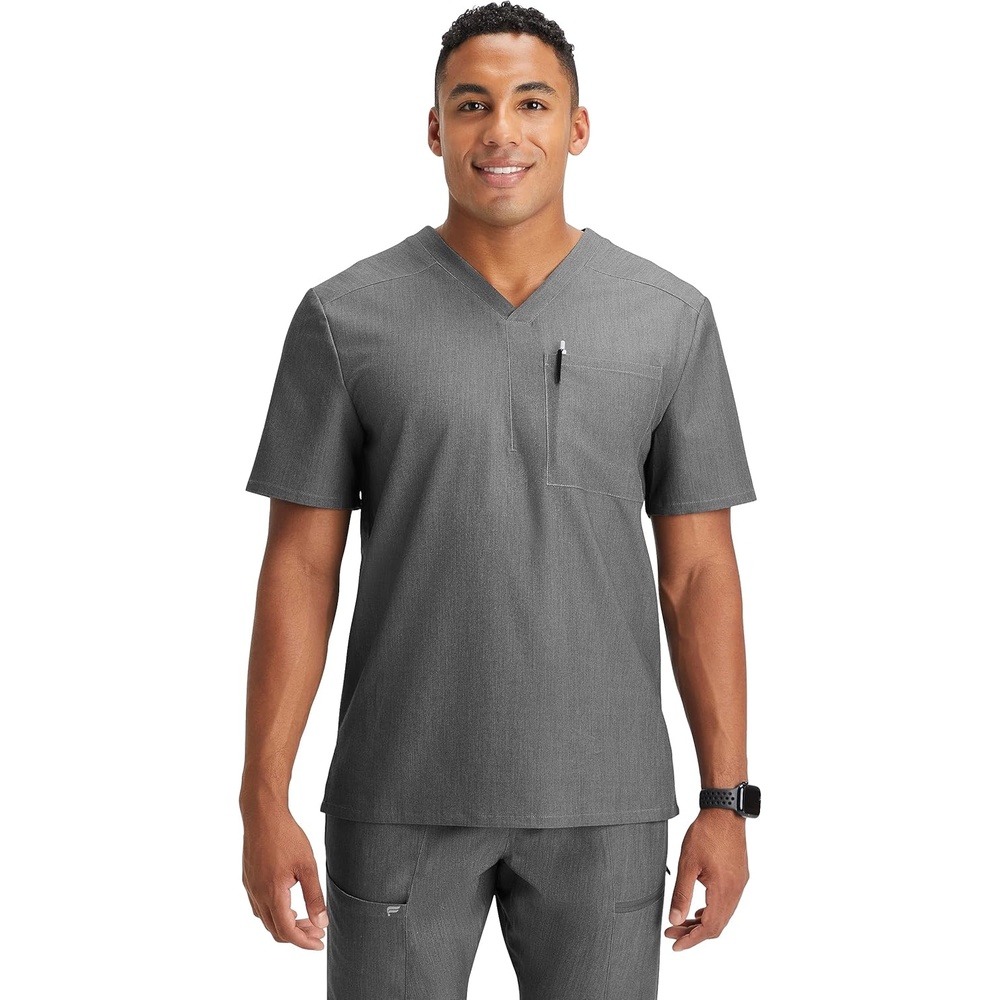 image:imageFabletics Mens Helix 1Pocket Scrub Top  MotionTech WrinkleResist Chest Pocket AntiShrink SemiSlim FitHeather Grey