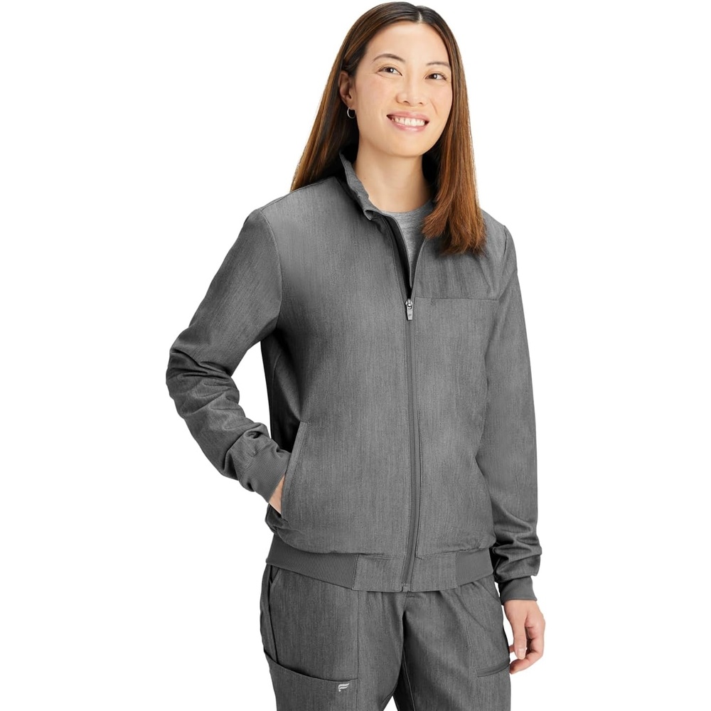 image:imageFabletics Womens Daily 3Pocket Scrub Jacket  MotionTech Lightweight Breathable WrinkleResist SemiSlim FitHeather Grey