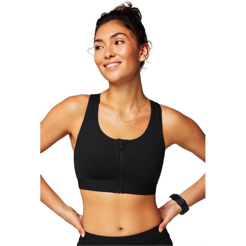 image:imageFabletics Womens OnTheGo Midi Medium Impact Sports Bra FrontZip Workout Yoga Fitness L Black Large