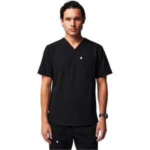 Fabletics Men’s Helix 1-Pocket Scrub Top – MotionTech, Wrinkle-Resist, Chest Pocket, Anti-Shrink, Semi-Slim Fit(Black/Goji Red)
