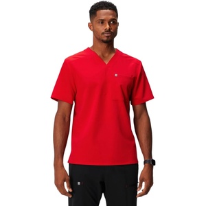 Fabletics Men’s Helix 1-Pocket Scrub Top – MotionTech, Wrinkle-Resist, Chest Pocket, Anti-Shrink, Semi-Slim Fit(Goji Red)